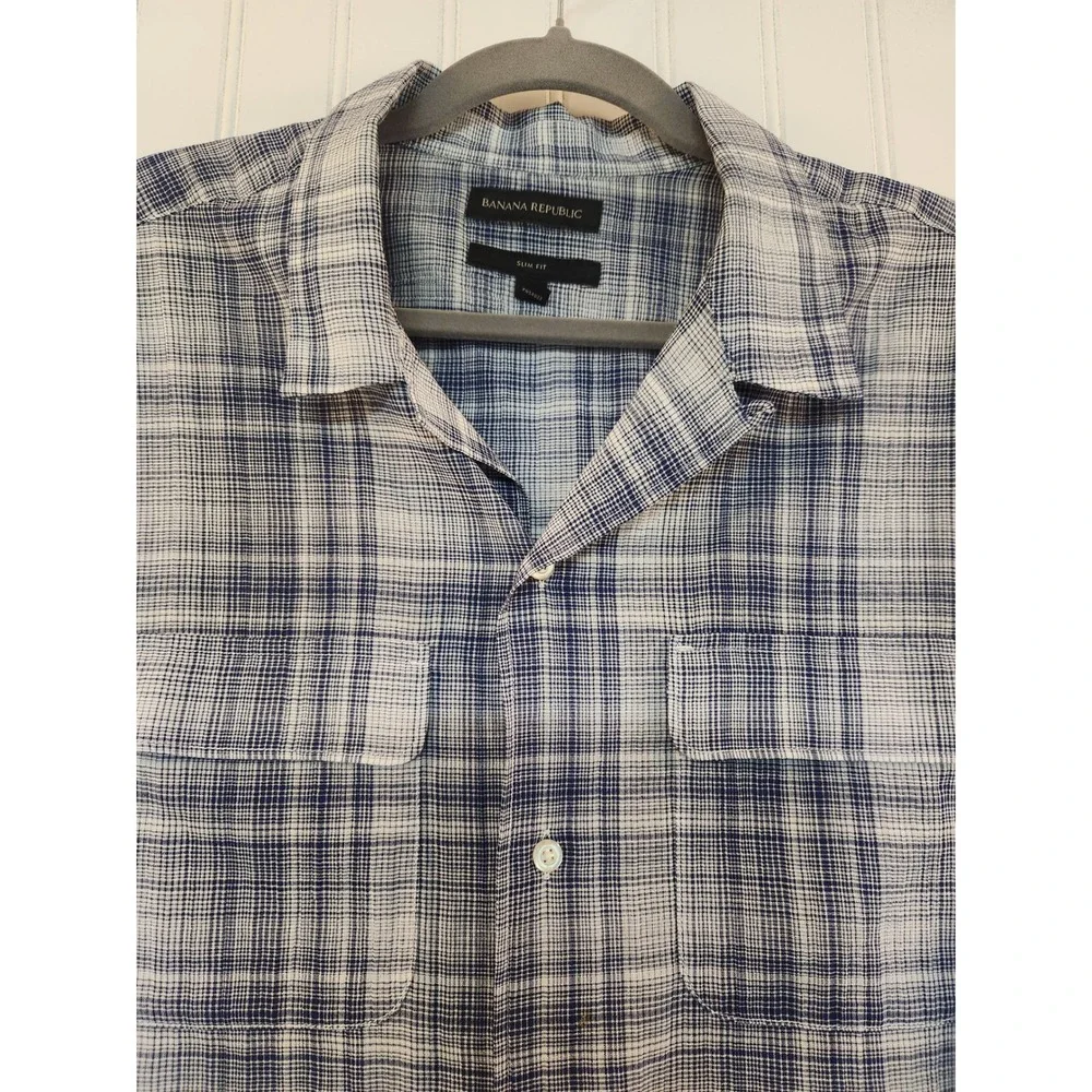 Banana Republic Mens L‎ Slim Fit Short Sleeve Plaid Button Down Shirt Blue Sheer